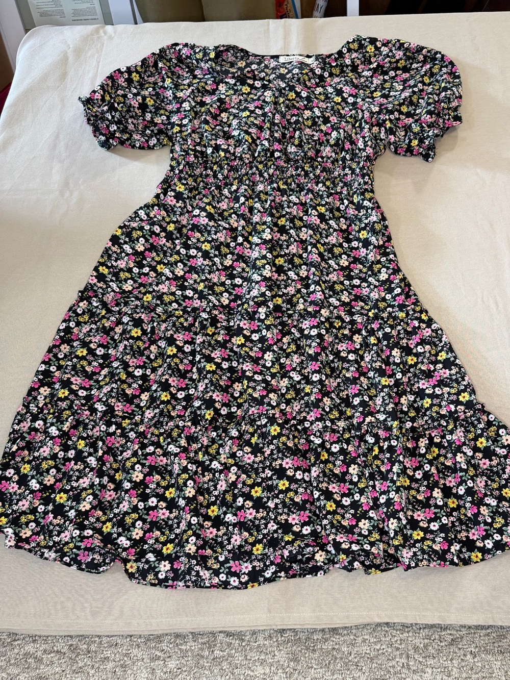 Liberty Love Black Floral Midi Dress with Pink and Yellow Blooms